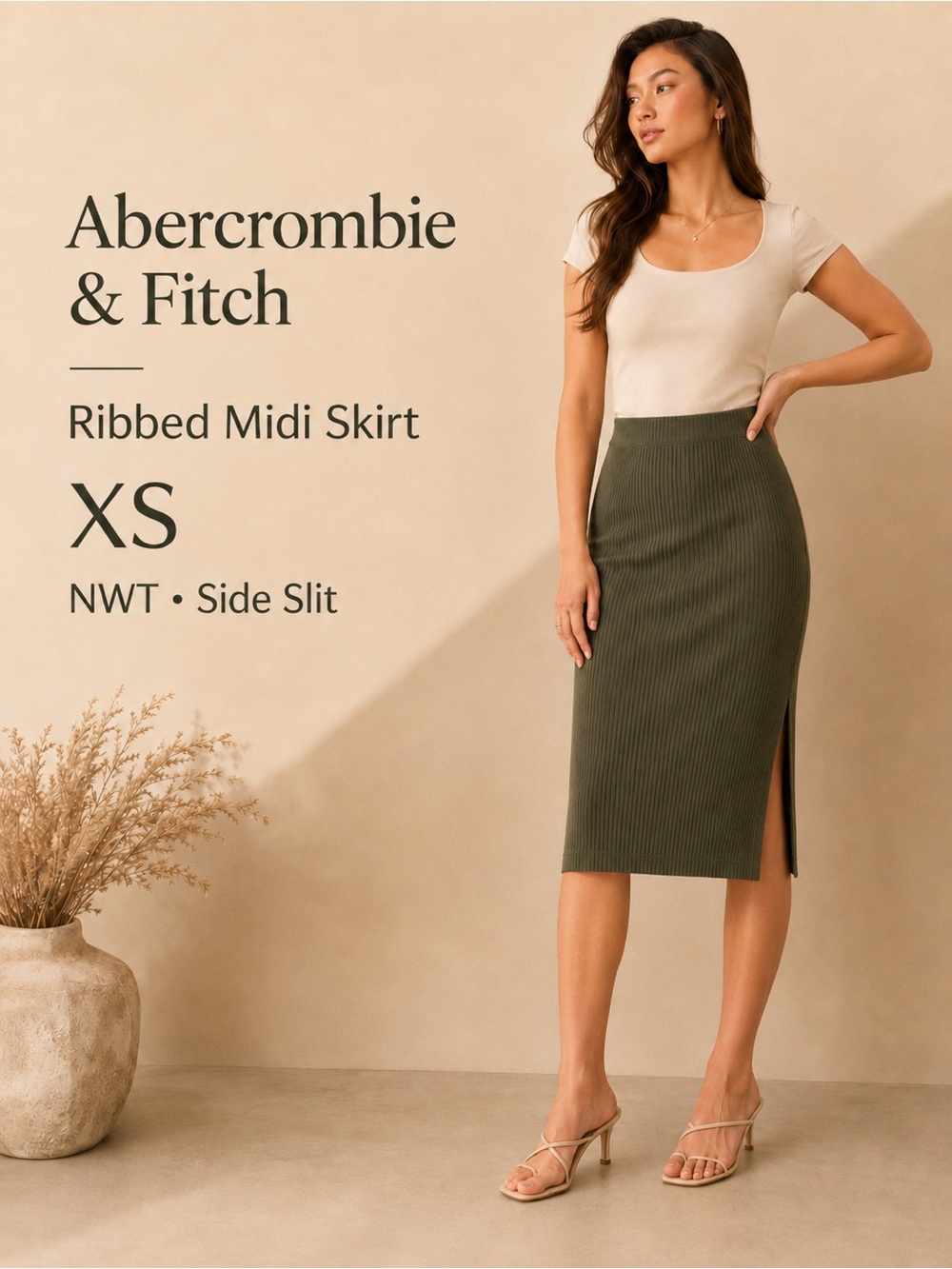 Abercrombie & Fitch Olive Green Ribbed Midi Skirt with Side Slit